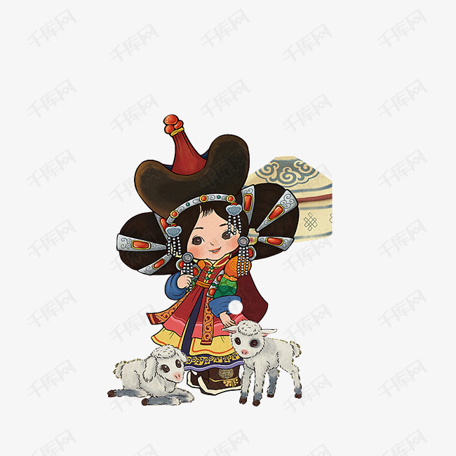 卡通蒙古女孩和小羔羊素材