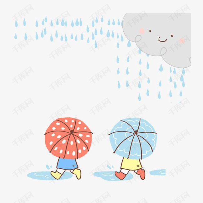 可爱卡通插图下雨天走在路上的孩子
