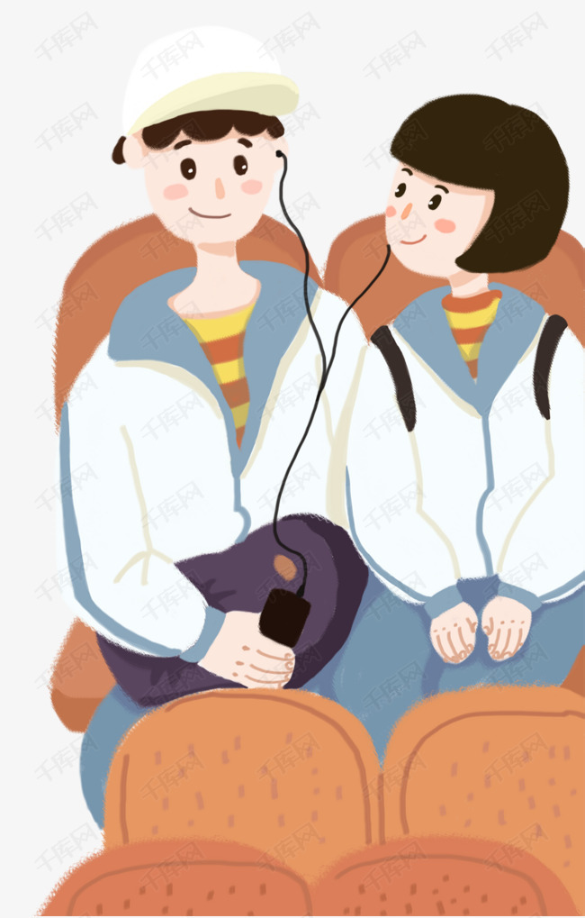 手绘人物插画学生情侣一起听音乐