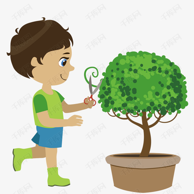 卡通小孩植树节植树修剪树动作矢量素材