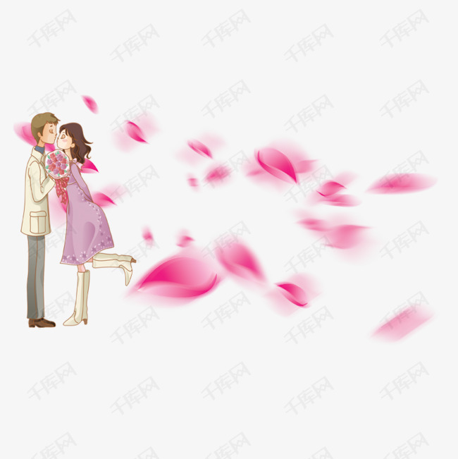 相爱的两人的素材免抠捧着玫瑰花的女孩子粉色花瓣漂浮的花瓣浪漫爱情