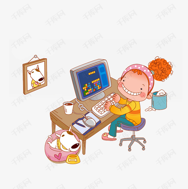 卡通电脑上玩俄罗斯方块的女孩素材