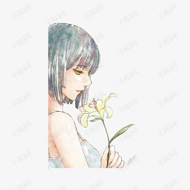 手绘拿花的美女