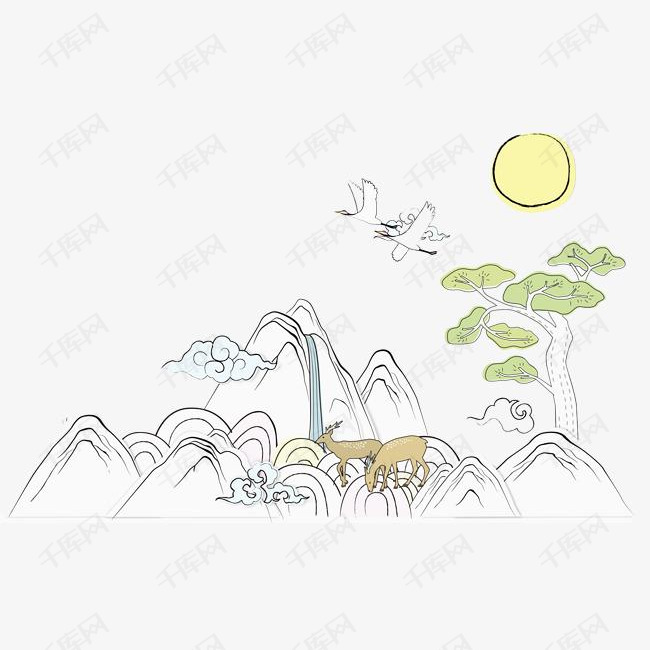 山水仙鹤太阳写意图