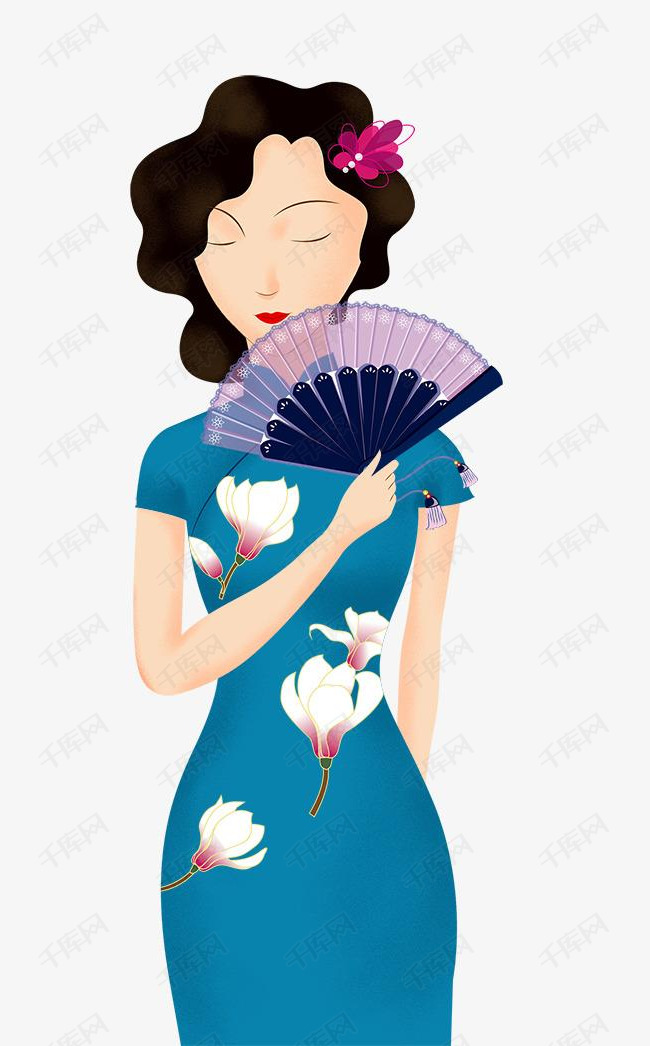 手绘穿旗袍的古典女人