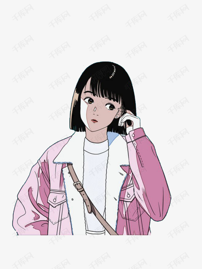 粉色手绘人物短发女孩元素的素材免抠粉色创意唯美简约人物短发