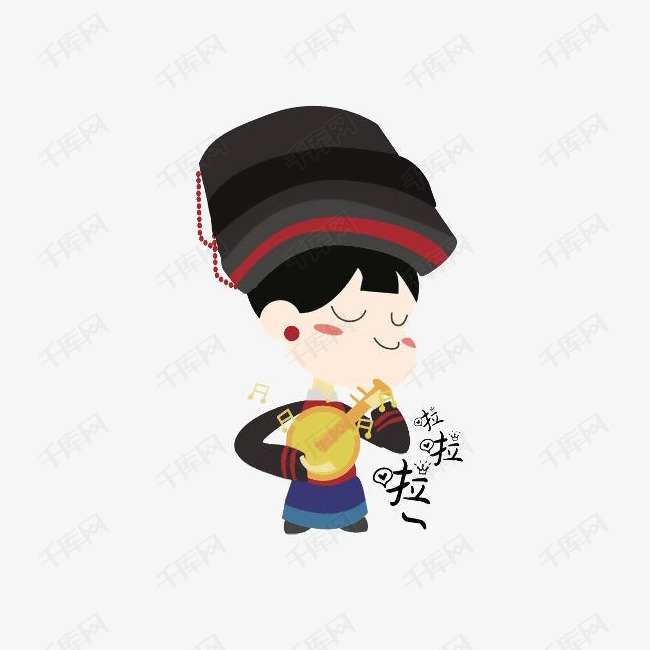 卡通彝族美女弹琴唱歌插画免抠
