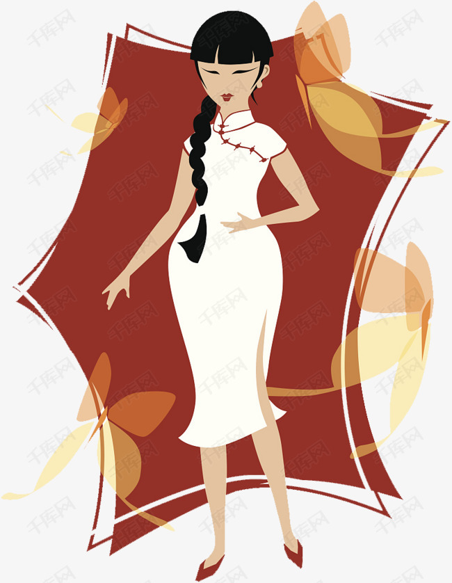 装饰插图穿旗袍的长辫子女人