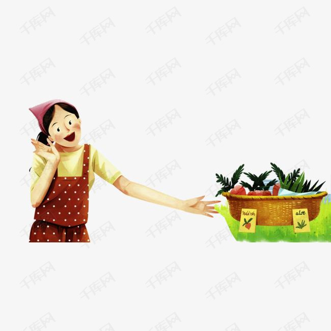 手绘插图农村女孩摘蔬菜水果