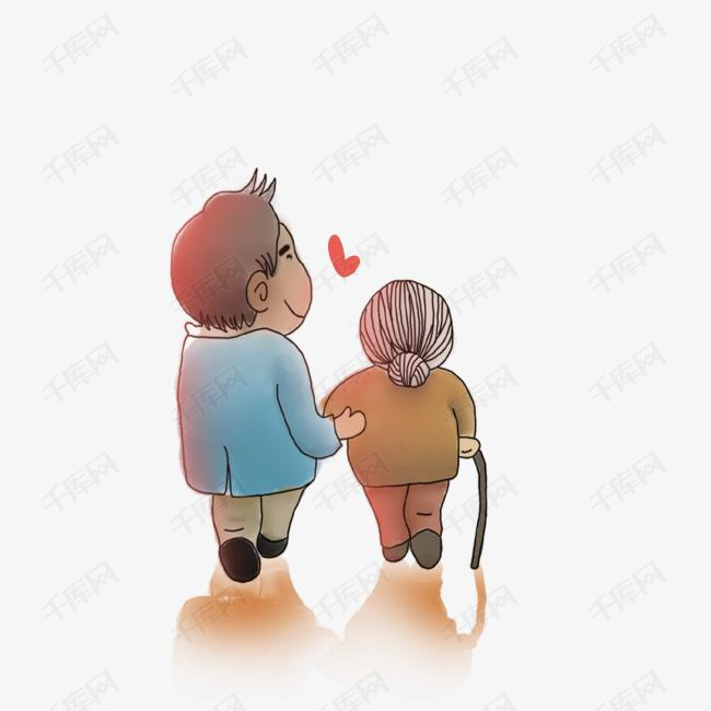 卡通手绘创意搀扶母亲人物插画的素材免抠母亲节卡通手绘爱心感恩插画