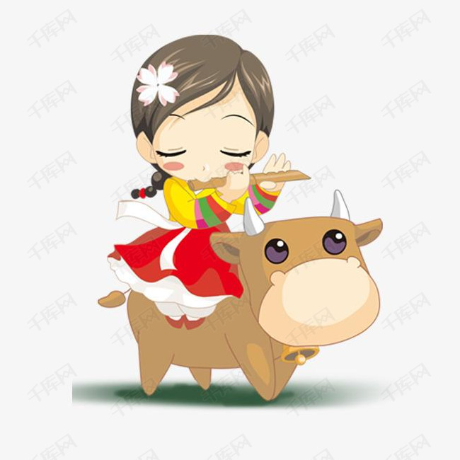 清明节可爱人物插图骑牛吹牧笛的牧童