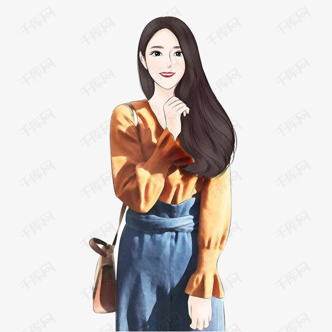 长发时尚女孩的素材免抠女孩长发卷发时尚都市服饰穿搭手绘彩绘