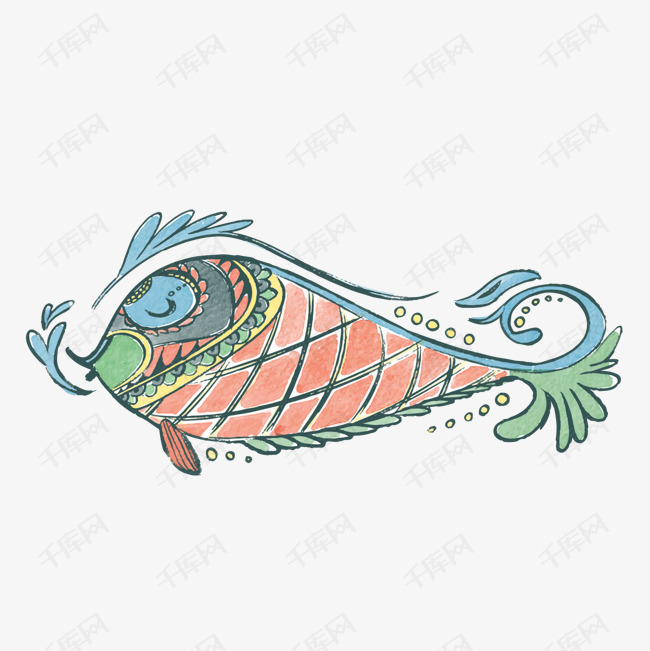 彩绘花纹鱼类设计矢量图的素材免抠水彩绘手绘鱼彩色鱼背景装饰卡通