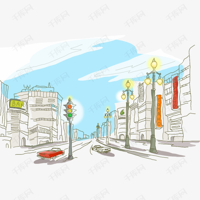 手绘蓝天下的街景