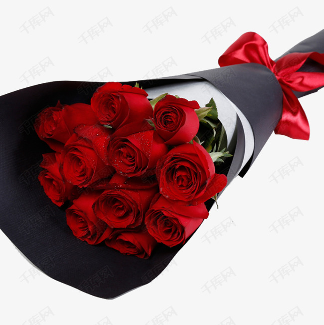 高档定制玫瑰花束的素材免抠红绸丝带花束节日礼物装饰花束黑色高档