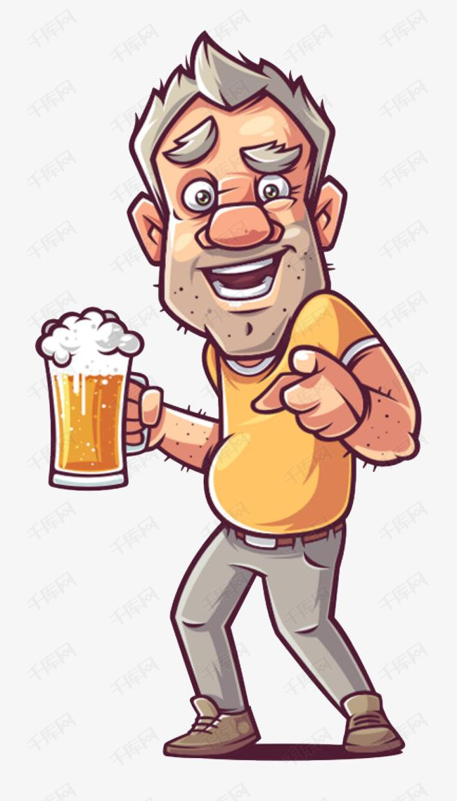 卡通装饰人物介绍海报设计老人喝啤酒