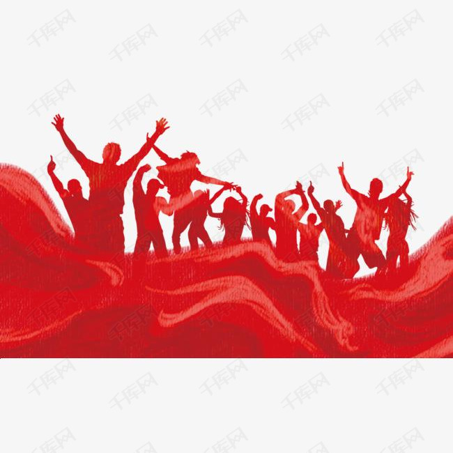 五四青年节红色丝绸与跳起欢呼的年轻人剪影的素材免抠五四青年节红色