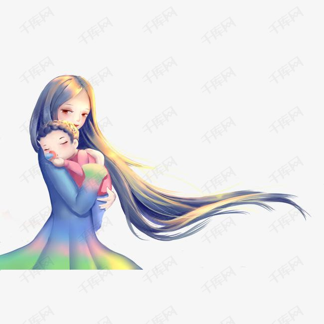手绘动漫风格插图母亲节妈妈抱着孩子插画
