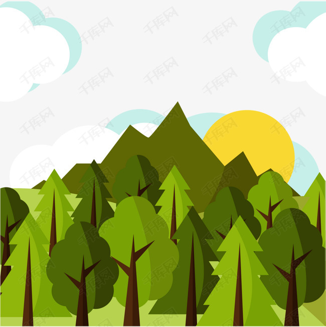 扁平化绿色森林风景矢量图