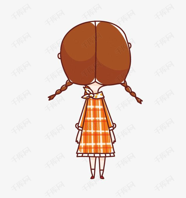 两个辫子女孩的素材免抠女孩背影两个辫子橙白盒子连衣裙卡通人物插图