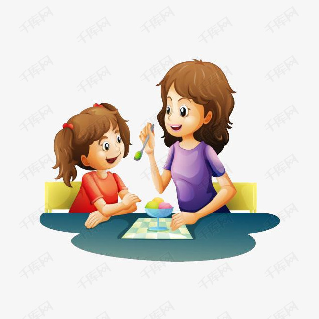 妈妈喂女儿吃饭的素材免抠喂饭吃饭卡通手绘可爱饭菜