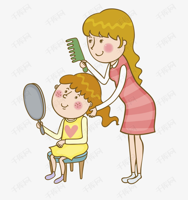母亲给女儿梳头发场景的素材免抠卡通母亲母爱照镜子漂亮的坐着的