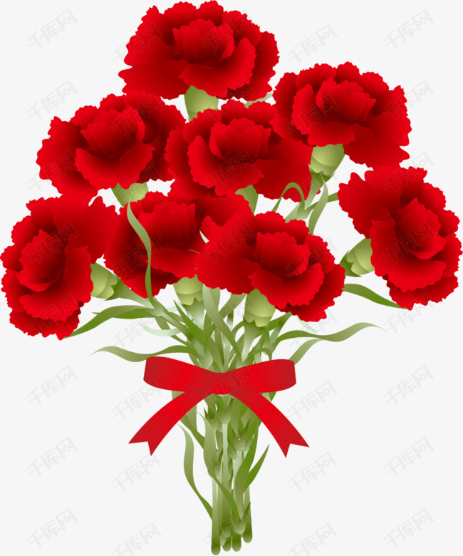 一束红色的康乃馨的素材免抠康乃馨花朵花朵装饰蝴蝶结绿植手绘花朵