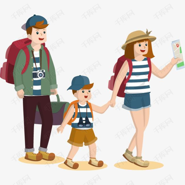 手绘可爱人物插图春天旅行的一家人亲子插画