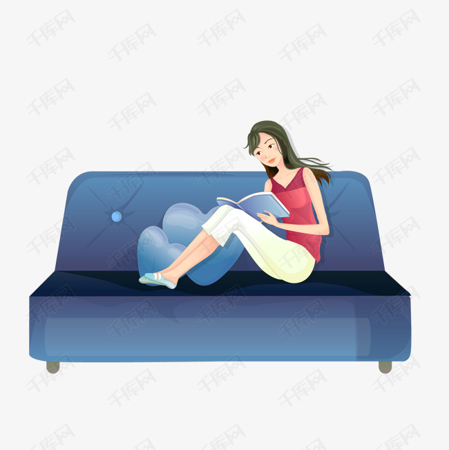 坐在沙发上看书的女性人物