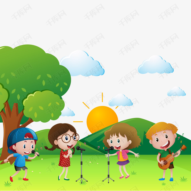 在草地上唱歌的孩子们的素材免抠世界儿歌日草地森林郊外唱歌儿童人物