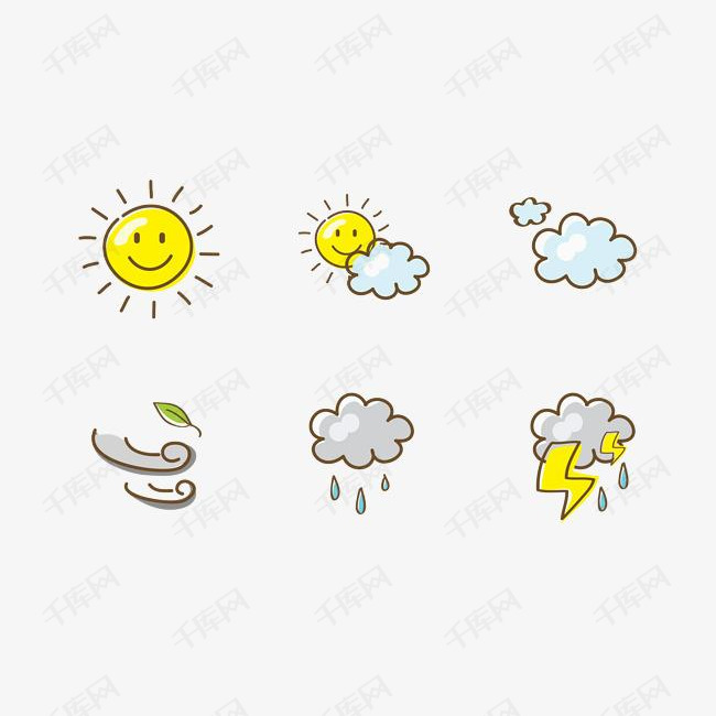手绘卡通天气图标的素材免抠天气图标太阳多去雷雨大风手绘