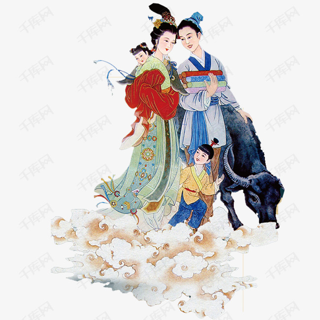 气息欢聚的素材免抠牛郎织女小孩祥云