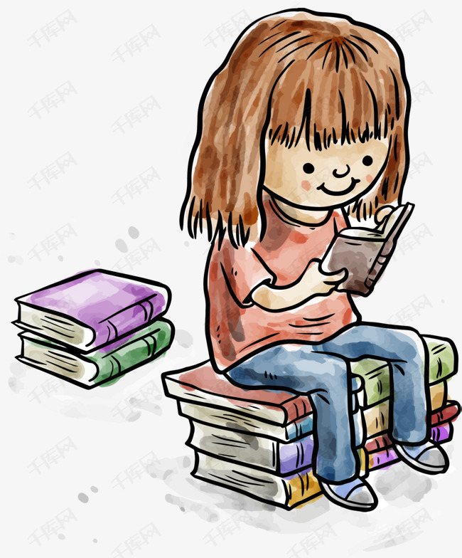 开学季看书的小女孩的素材免抠开学季认真看书学习多彩书本水彩看书的