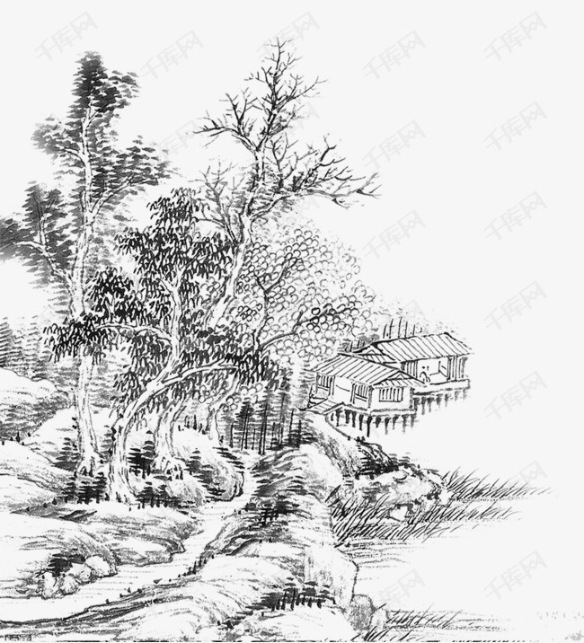 的素材免抠水墨画水密山水画水墨建筑水墨古风建筑水墨风景画水墨楼阁