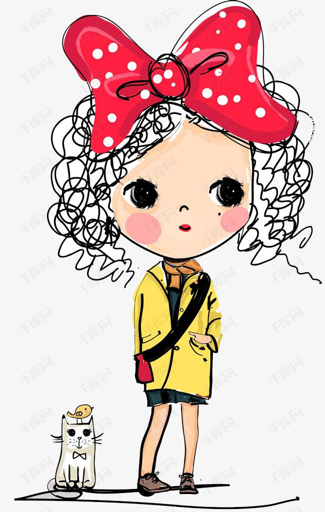 水彩女孩的素材免抠卡通手绘水彩蝴蝶结红色女孩女生