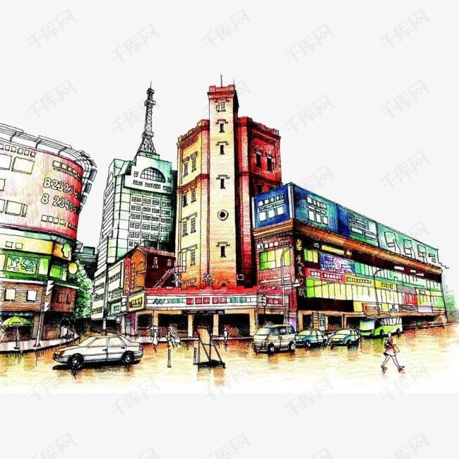 手绘彩绘商业街步行街图案