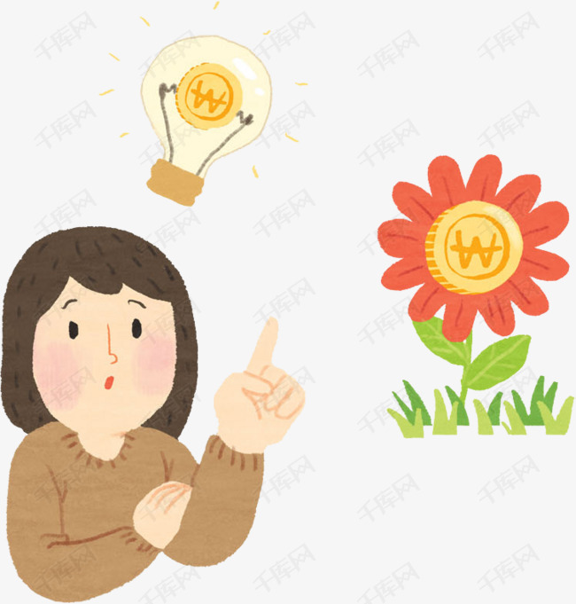 有主意的女人的素材免抠女人指向卡通红花注意灯泡