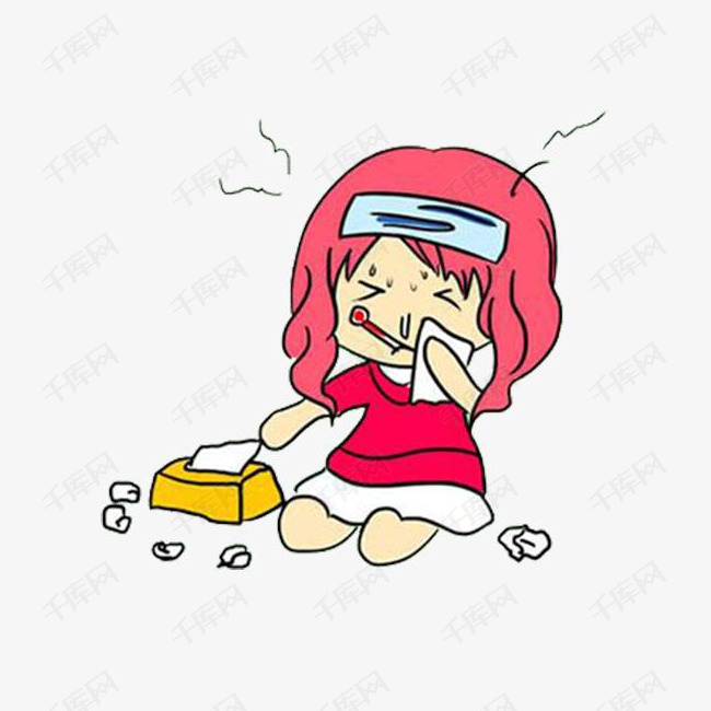 卡通女孩生病发烧流鼻涕
