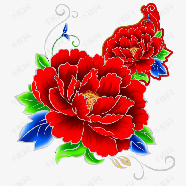 喜庆的红色金边牡丹的素材免抠国画中国风牡丹金边牡丹花卉花纹