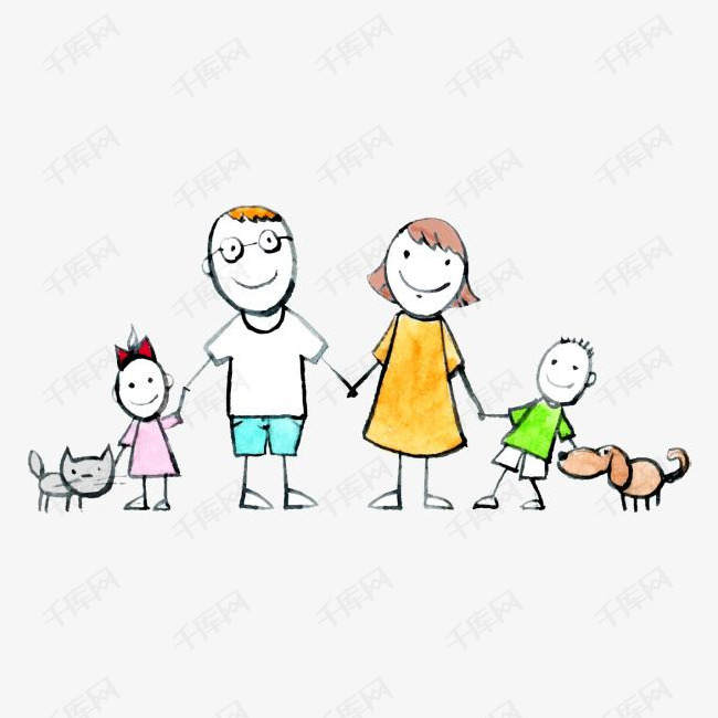 的素材免抠国际家庭日手绘一家人绘画手牵着手一家四口幸福的一家人