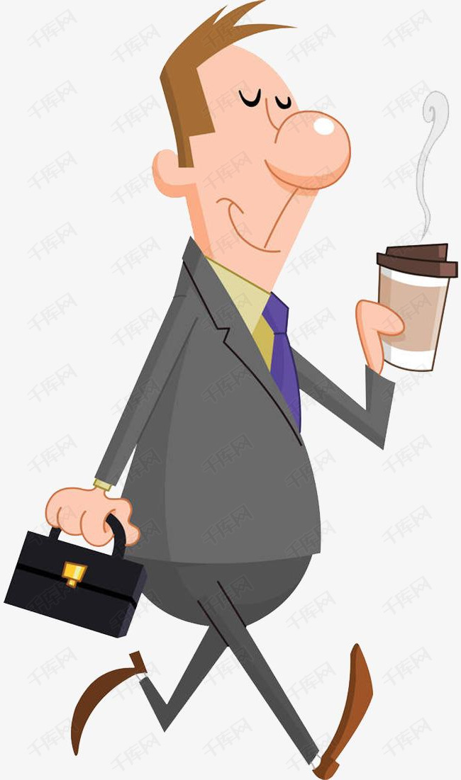 茶走着png的素材免抠惬意的表情公文包商务人士男人卡通手绘西装革履