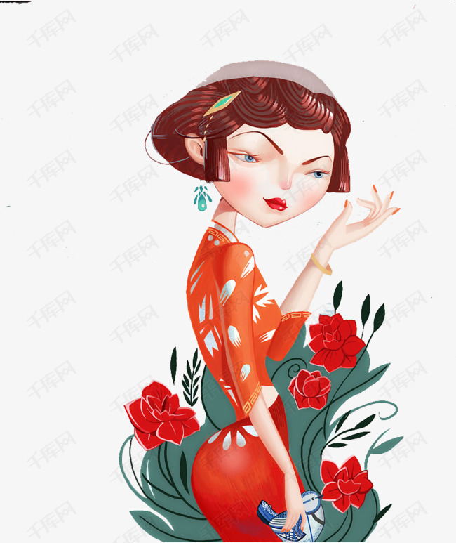 手绘人物插图穿旗袍的女孩