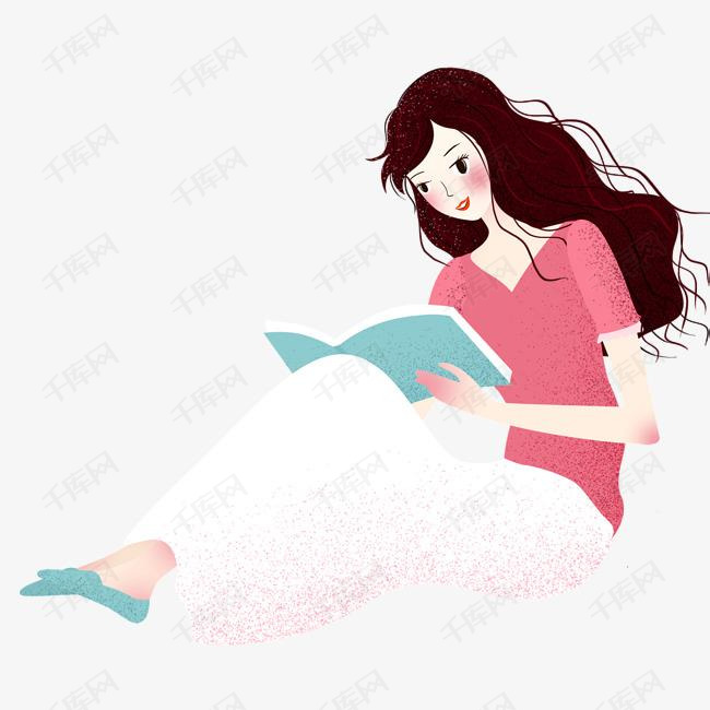手绘插画读书的长发美女的素材免抠读书的长发美女插画卡通手绘国际