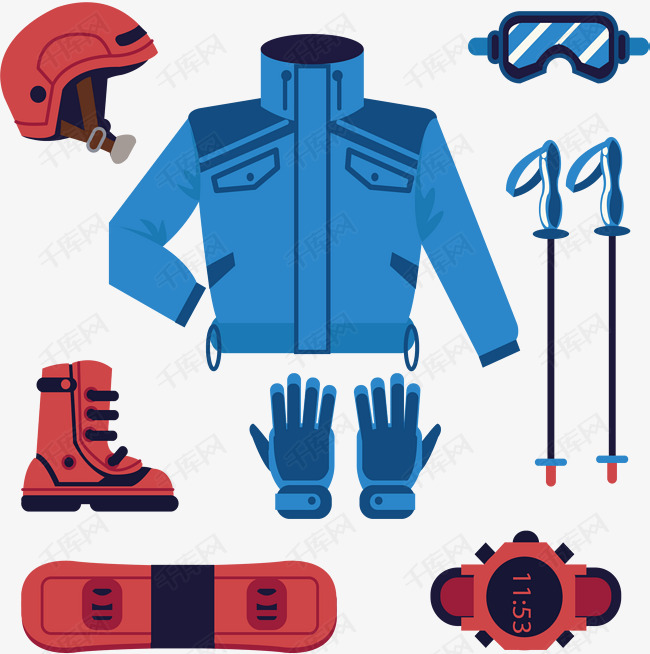 红蓝色冬季运动套装的素材免抠矢量png滑雪装备运动服滑雪服滑雪板