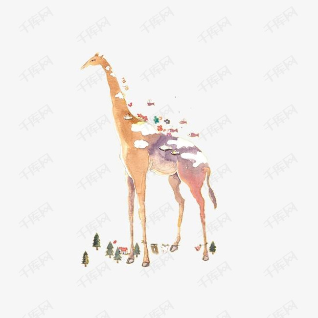 长颈鹿的素材免抠绘画彩色长颈鹿花朵
