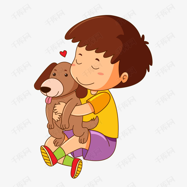 卡通抱着小狗的男孩矢量素材