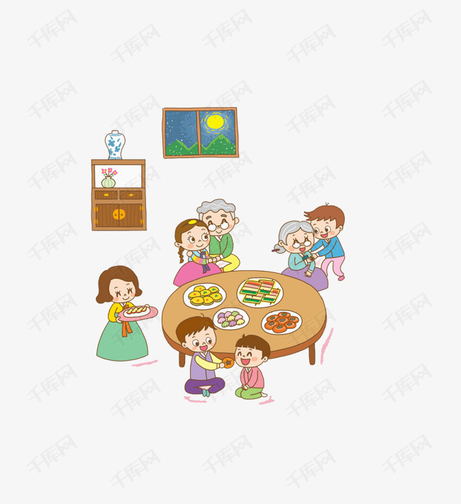 吃饭的一家人的素材免抠饭菜彩色手绘商务    插图