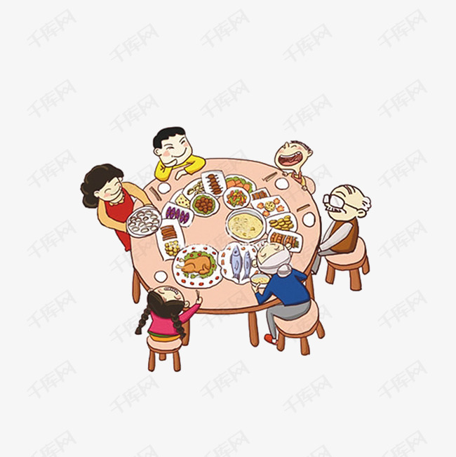 吃团圆饭的素材免抠一家团聚吃团圆饭卡通手绘欢笑快乐幸福