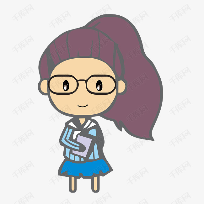 手绘卡通戴眼镜拿书本的小女孩矢量免抠元素