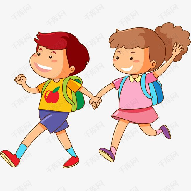 牵手走路的小朋友的素材免抠牵手走路开心学生一起上学笑脸小朋友